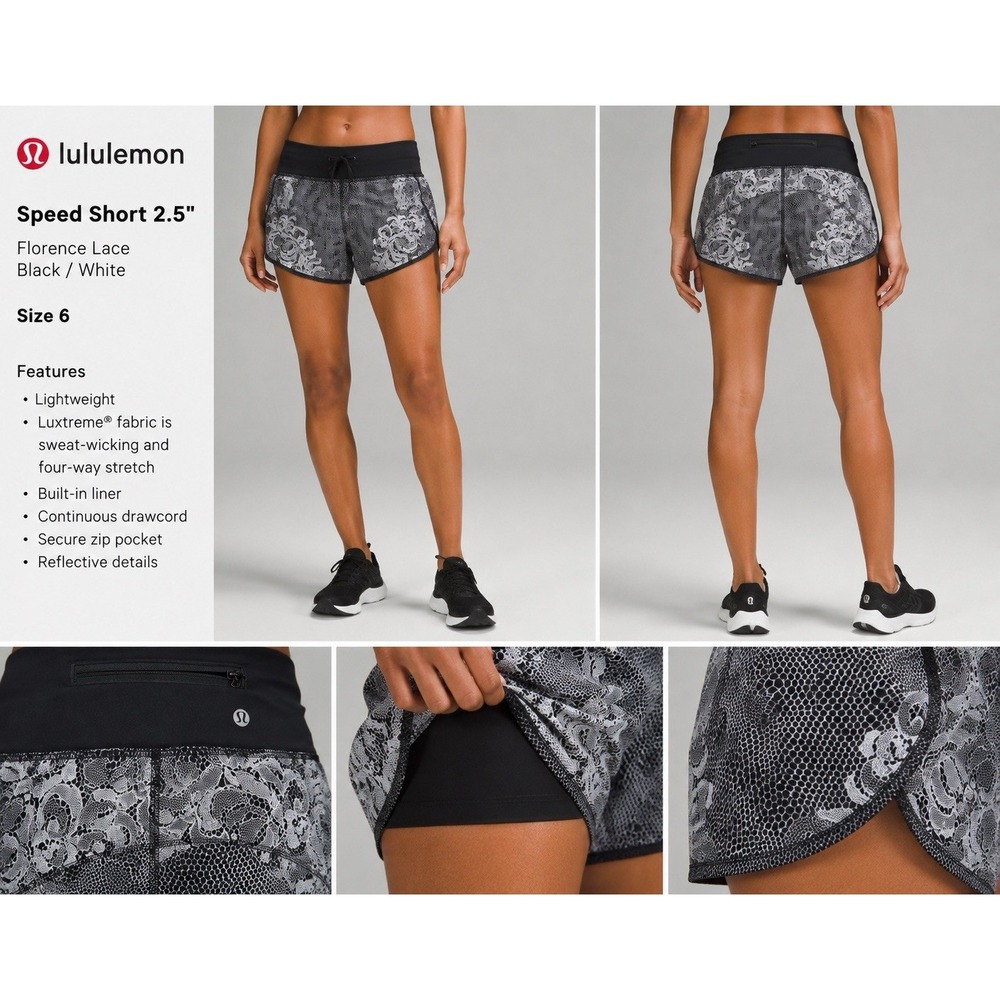 Lululemon Speed Shorts Florence Lace Black and White Pockets Zipper Size 6